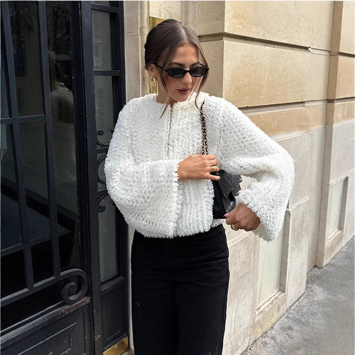Women Short-Cut Textured Faux Fur Cardigan with Voluminous Sleeves Mune Fashion