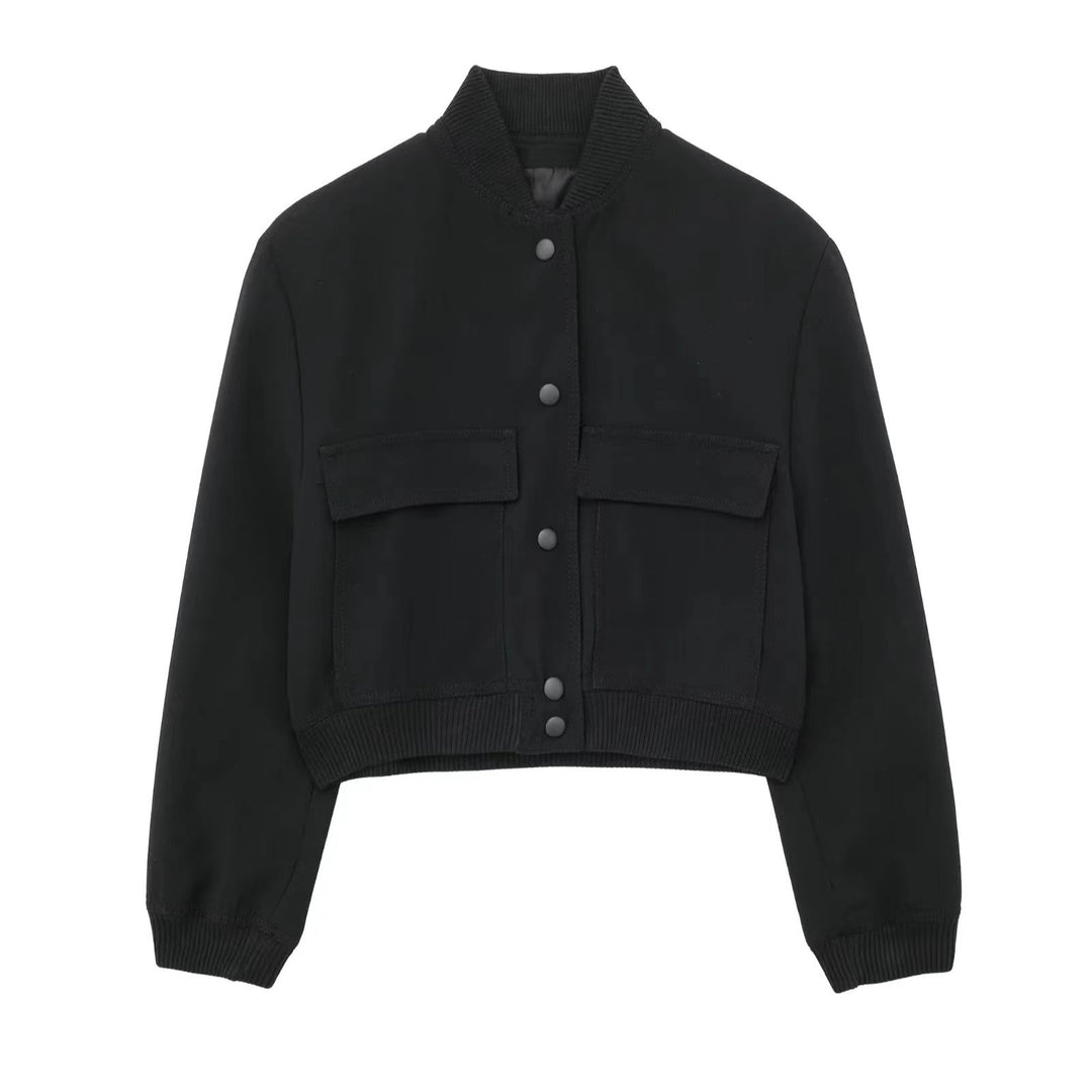 Women's short utility bomber jacket with patch pockets, concealed snap button placket, and elastic ribbed cuffs Mune Fashion
