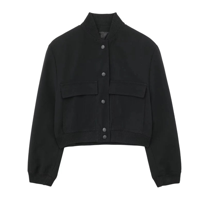Women's short utility bomber jacket with patch pockets, concealed snap button placket, and elastic ribbed cuffs Mune Fashion