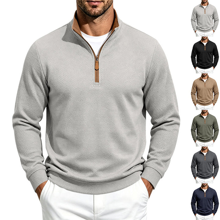 Men's waffle structure half-zip sweatshirt with stand collar, contrast lining, and leather zipper Mune Fashion