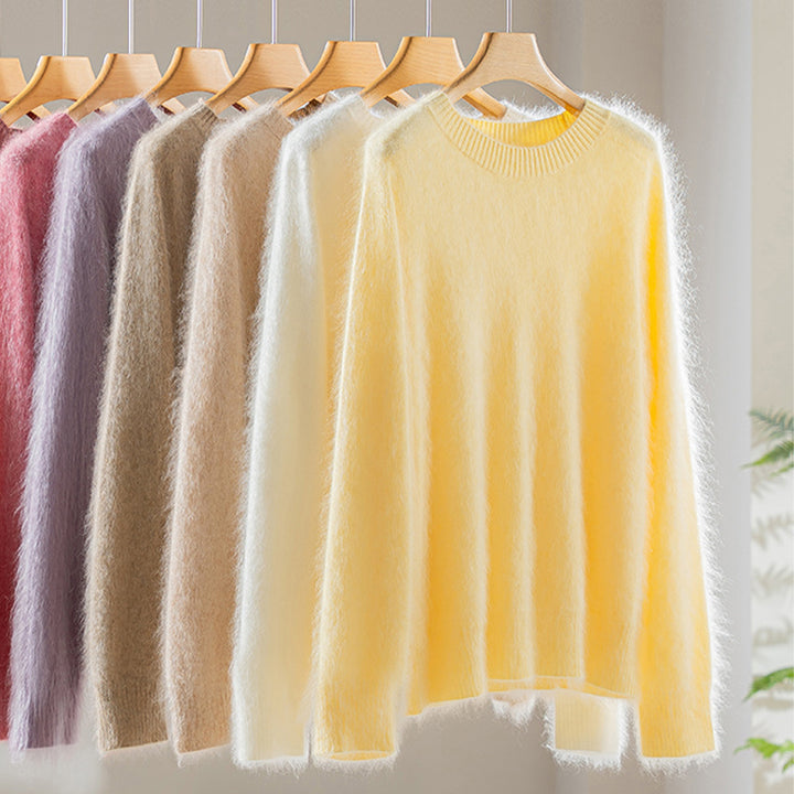 Women's Fluffy Angora Blend Round Neck Sweater Mune Fashion