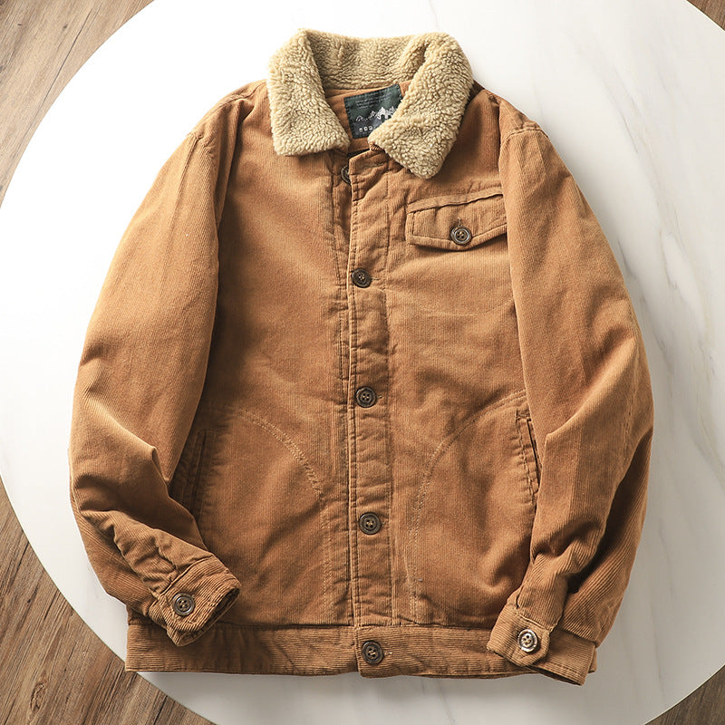 Men's non-padded cord jacket with teddy collar, button placket and patch pockets.