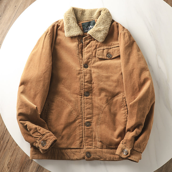 Men's non-padded cord jacket with teddy collar, button placket and patch pockets.