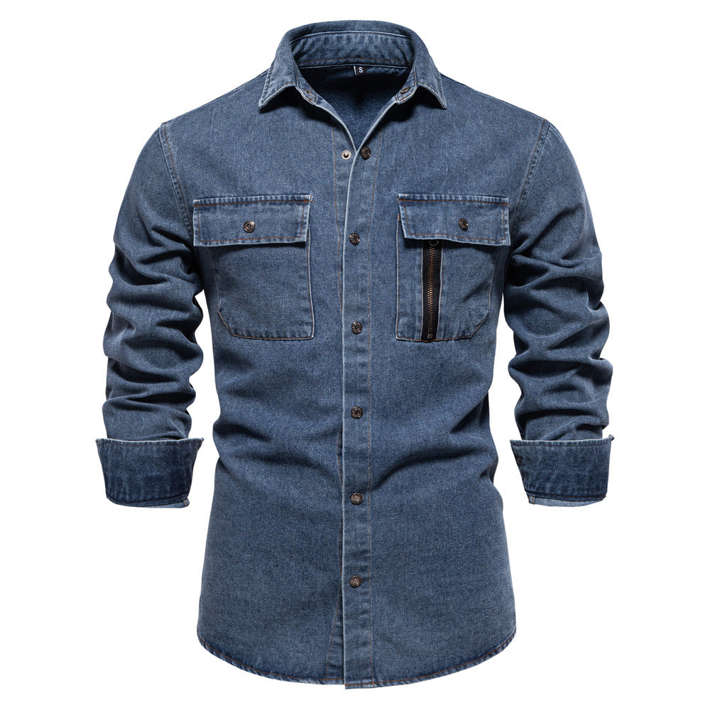 Men's tailored denim shirt with Kent collar, patch chest pockets and contrast stitching Mune Fashion