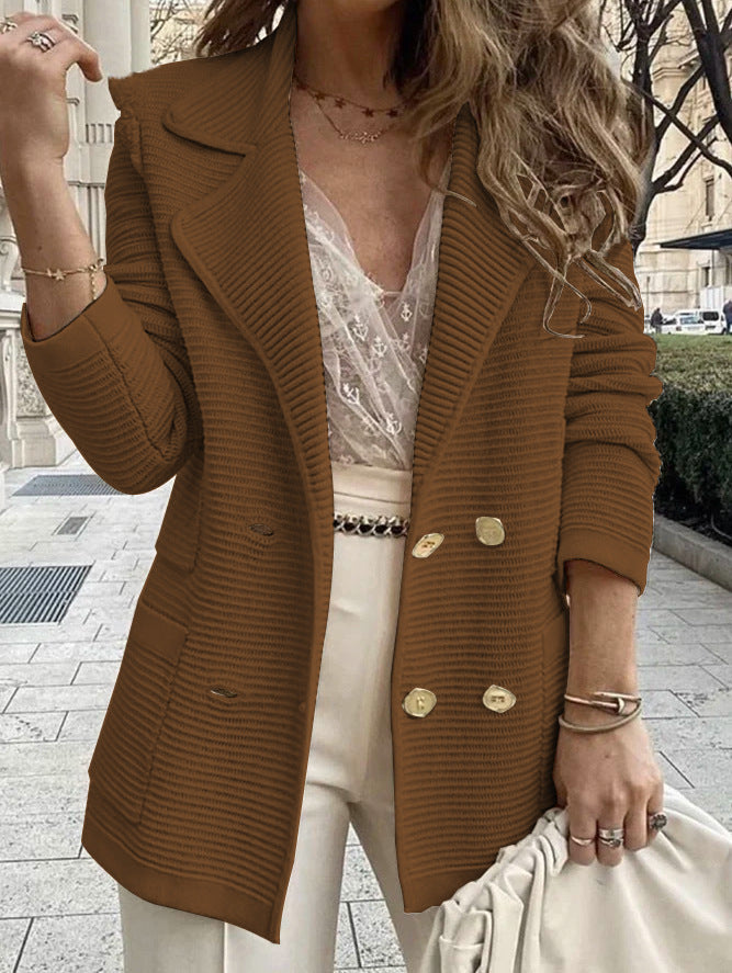 Women Structured Knit Blazer with Lapel Collar and Double Button Placket Mune Fashion
