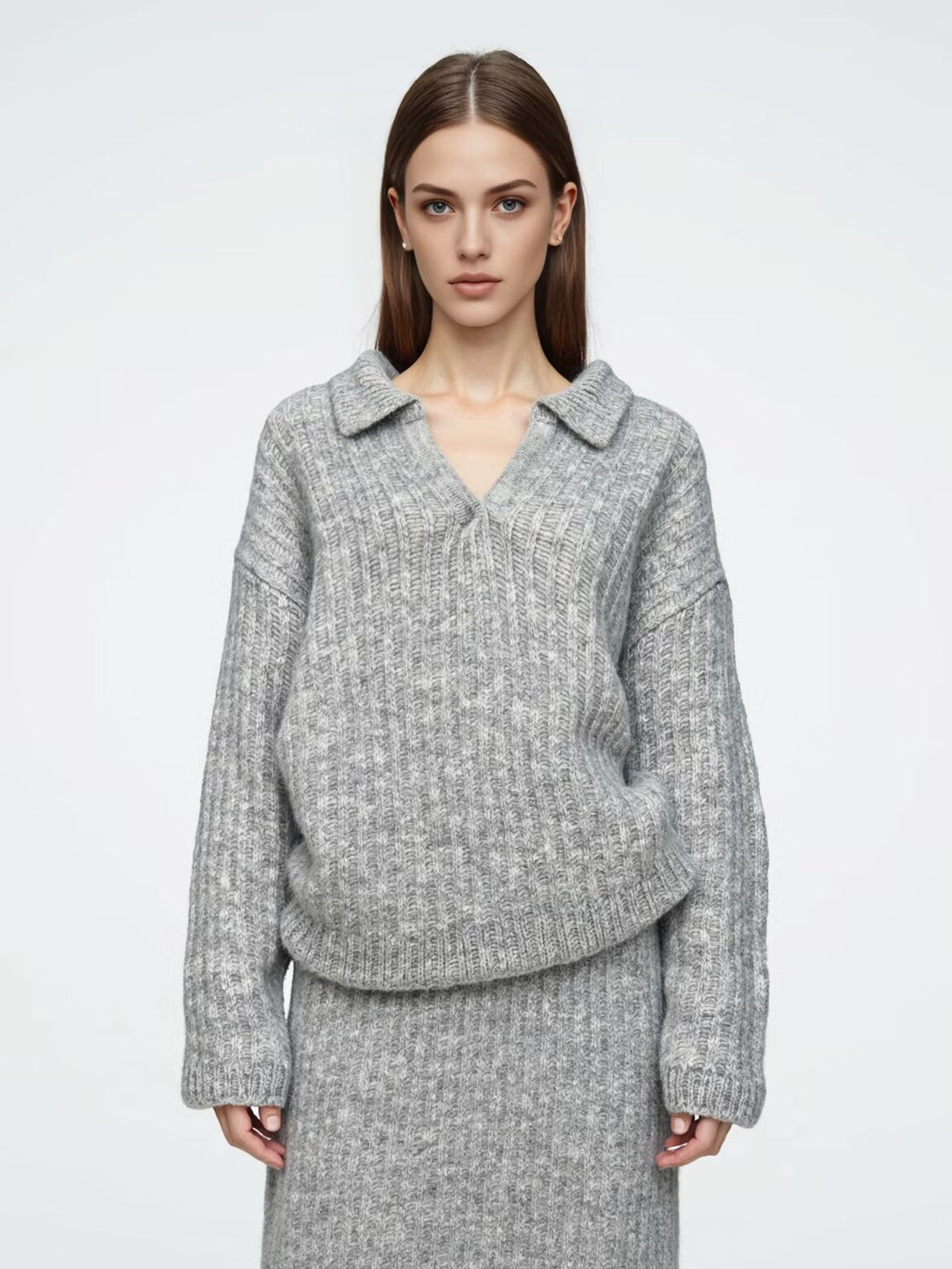 Women's Oversized Chunky Knit Set with Polo Collar and Midi Skirt Mune Fashion