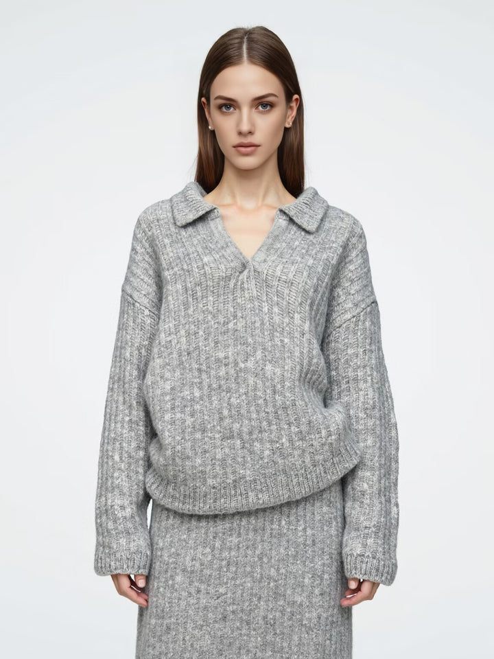 Women's Oversized Chunky Knit Set with Polo Collar and Midi Skirt Mune Fashion