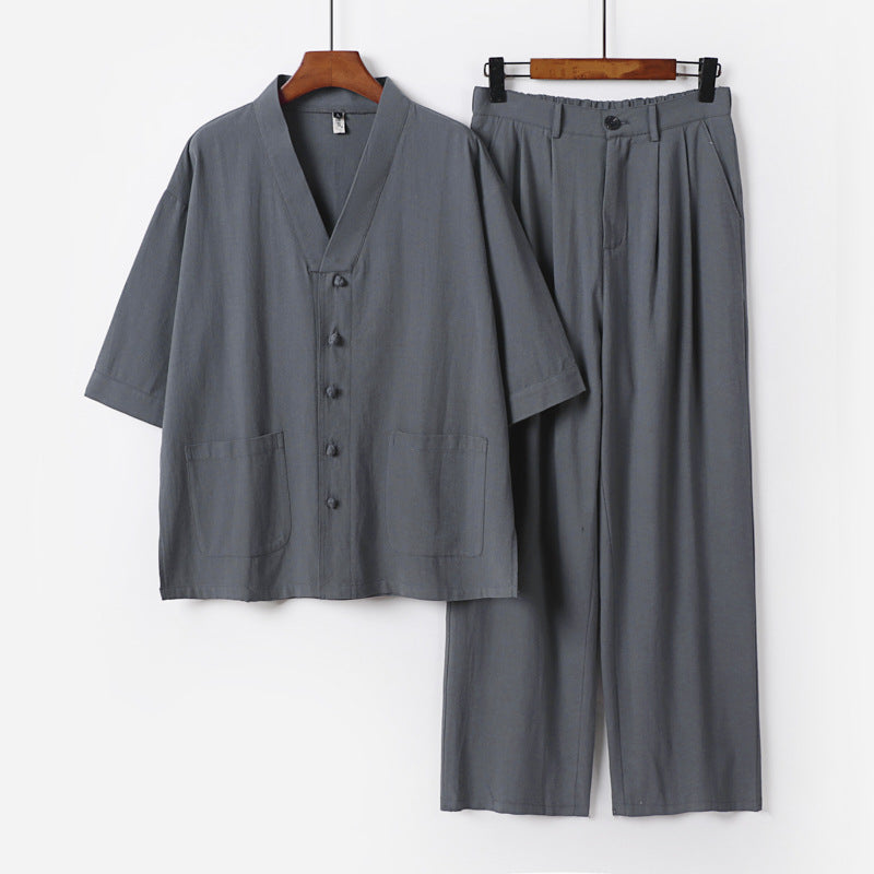 Unisex Zen-inspired Relax Set with short sleeve kimono top, concealed button placket, and elastic waistband pants Mune Fashion