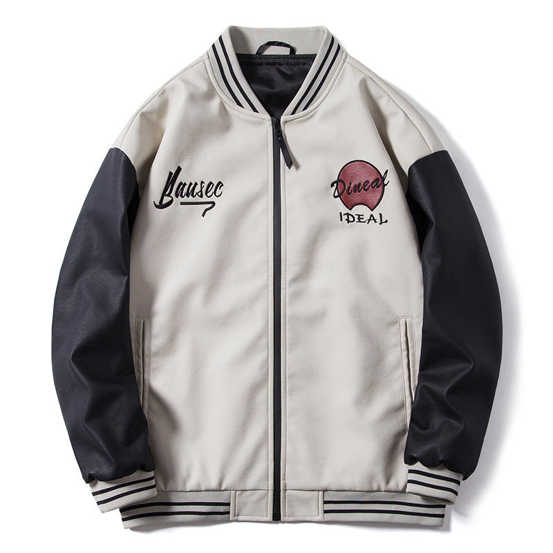 Men's Retro College Bomber Jacket made of Faux Leather with Embroidered Logos and Ribbed Hem Mune Fashion
