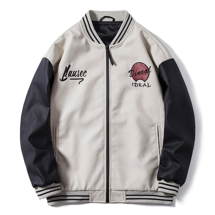 Men's Retro College Bomber Jacket made of Faux Leather with Embroidered Logos and Ribbed Hem Mune Fashion