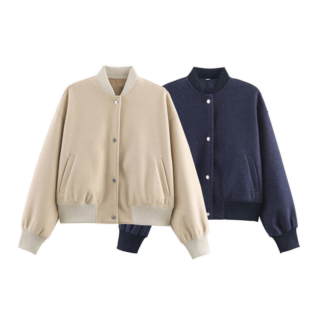 Ladies short boxy bomber jacket with ribbed collar, snap button closure, and pockets Mune Fashion