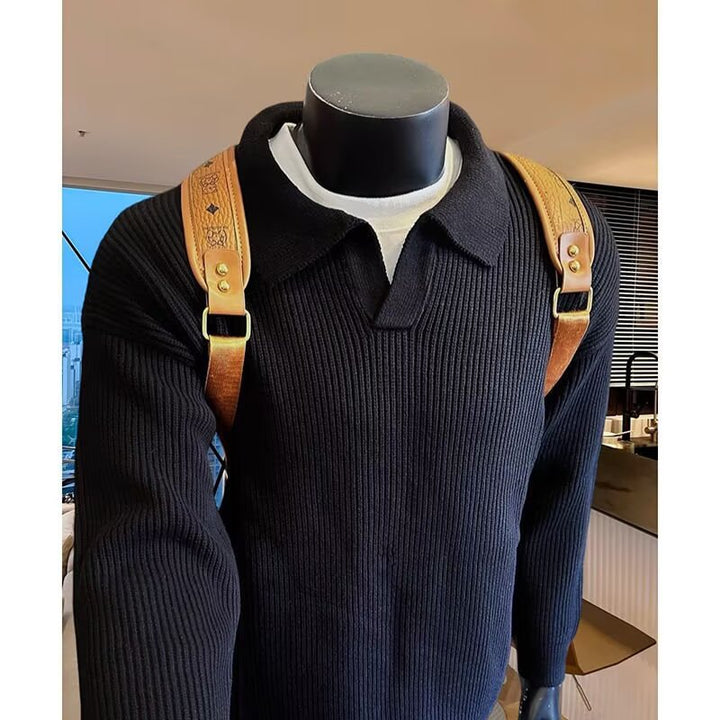 Men's Structured Knit Sweater with Polo Collar and V-Slit Mune Fashion