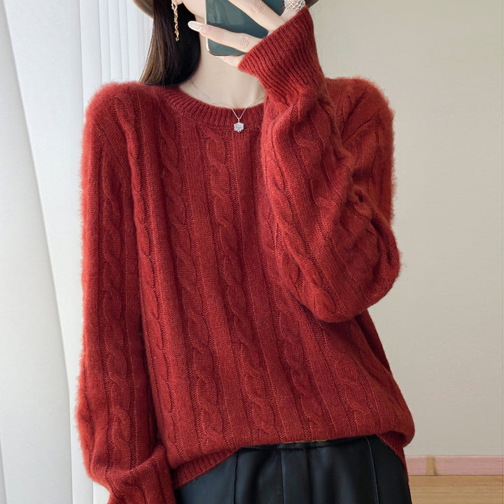 Women's Plus Size Cable Knit Sweater in Mohair Look with Ribbed Hem Mune Fashion