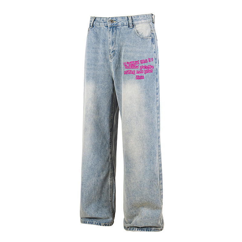 Ladies Wide High-Waist Jeans in Vintage Look with Elastic Hem and Statement Embroidery Mune Fashion
