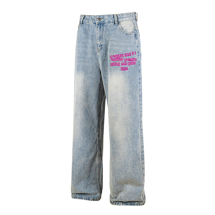 Ladies Wide High-Waist Jeans in Vintage Look with Elastic Hem and Statement Embroidery Mune Fashion