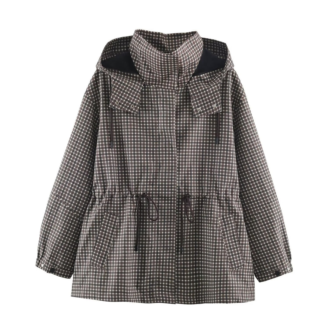 Women's Checked Transitional Parka with Drawstring Waist and High Stand-Up Collar Mune Fashion