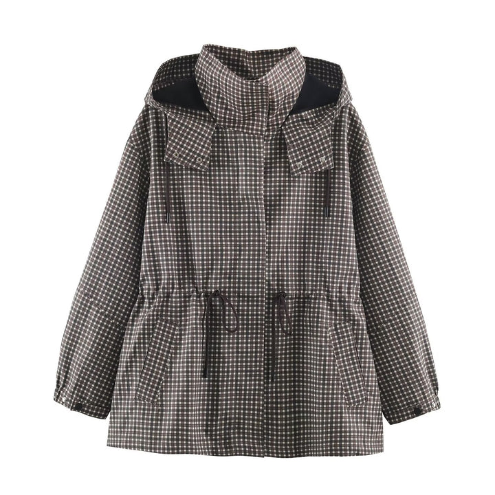 Women's Checked Transitional Parka with Drawstring Waist and High Stand-Up Collar Mune Fashion