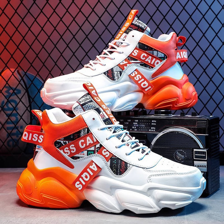 Unisex high-top platform sneaker with graphic print, padded ankle collar, and sculpted rubber sole Mune Fashion