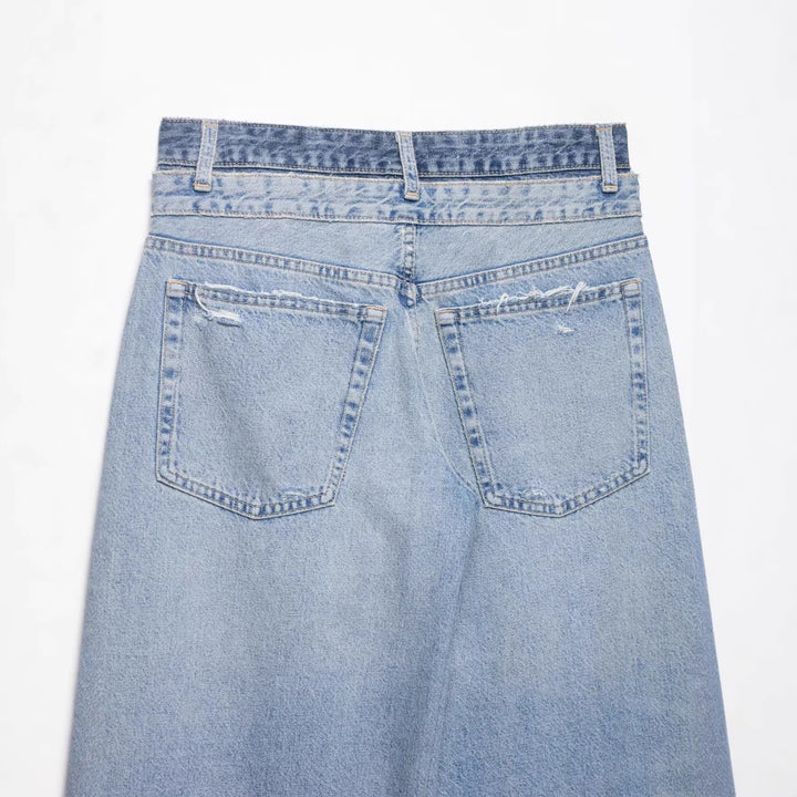 Women Loose-fitting Distressed Denim Jeans with Wide Cropped Leg Mune Fashion