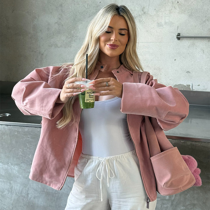 Women's Oversized Canvas Transition Jacket with Stand-Up Collar, Zipper, and Large Patch Pockets