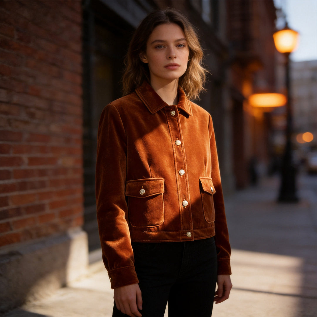 Women's short-cut velvet jacket in blouson style with flap pockets and decorative button placket Mune Fashion
