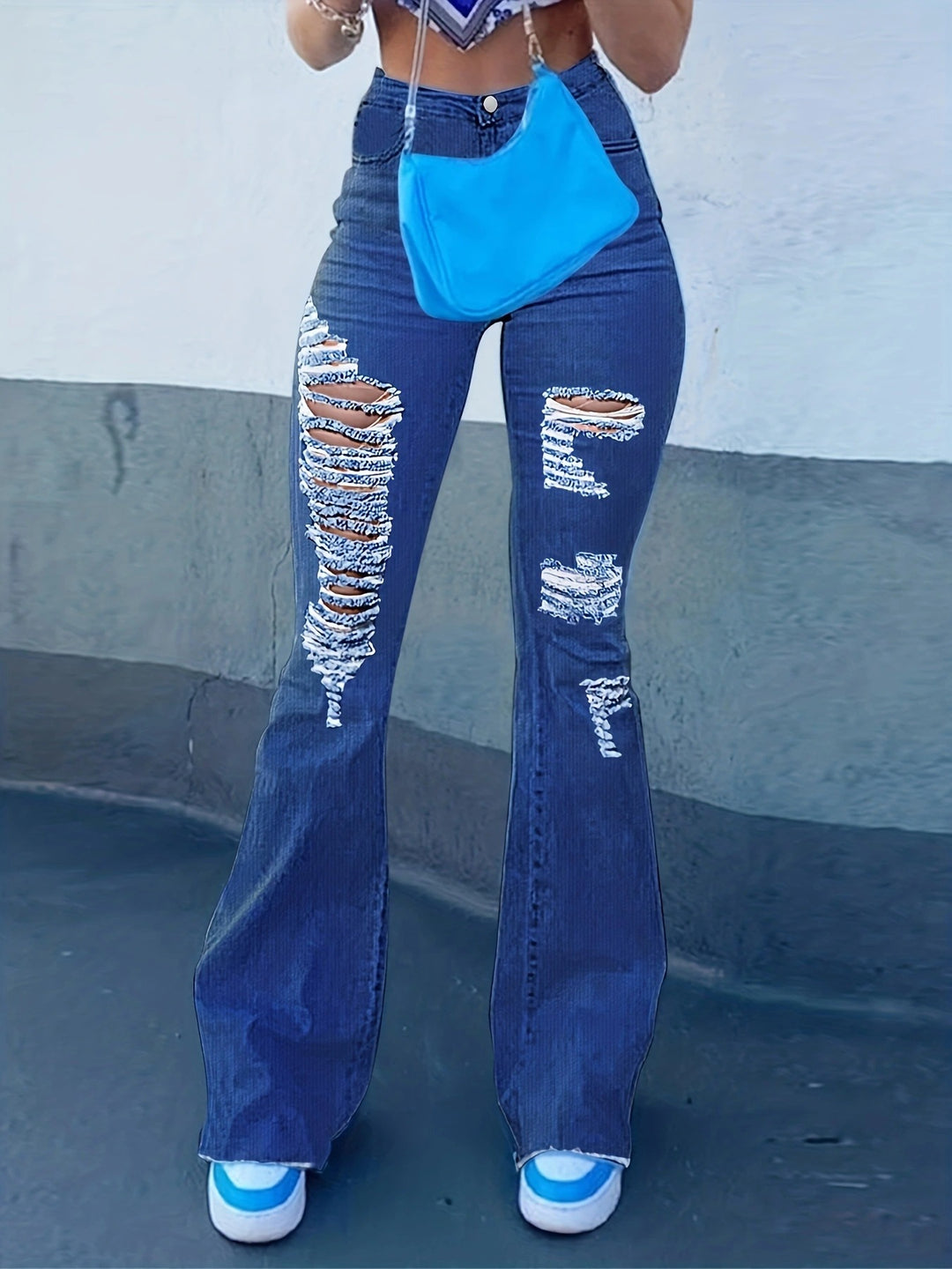 Ladies High-Waist Flared Jeans with large distressed rips and sculpting comfort waistband Mune Fashion