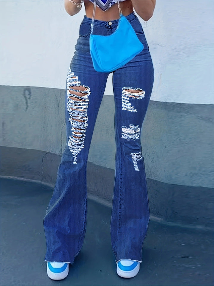 Ladies High-Waist Flared Jeans with large distressed rips and sculpting comfort waistband Mune Fashion