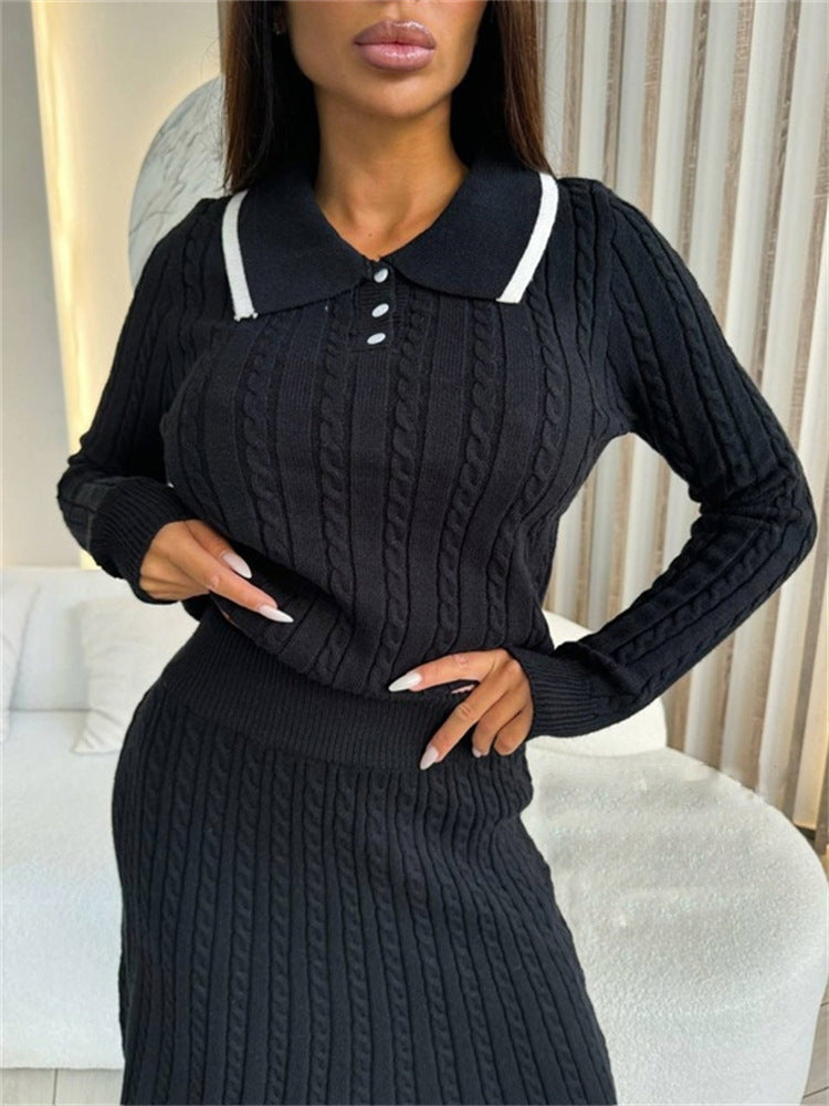 Women Two-Piece Cable Knit Dress with Waistband and Polo Collar Mune Fashion