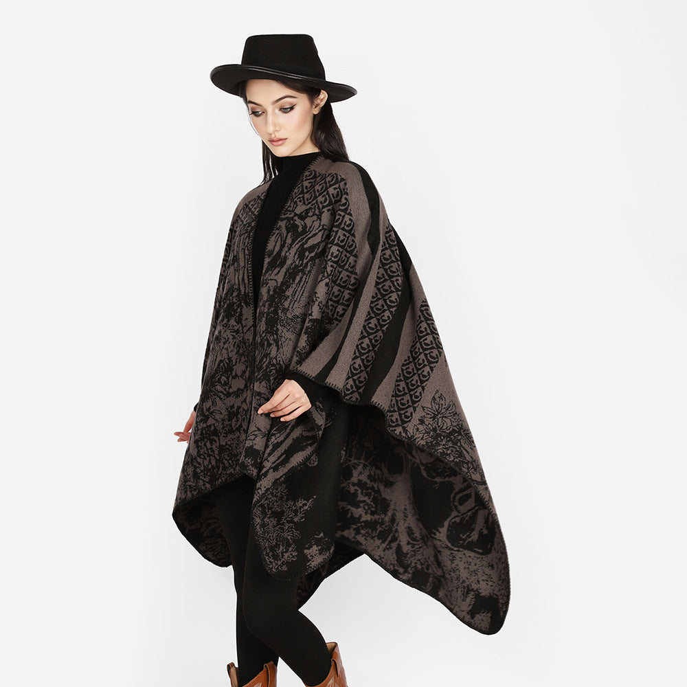 Women's Luxurious Jacquard Pattern Poncho with Asymmetrical Pointed Hem