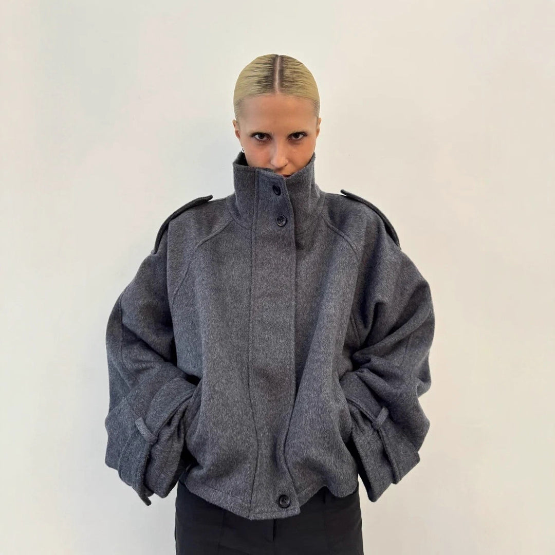 Women's Oversized Wool Cropped Jacket with High Stand-up Collar and Balloon Sleeves Mune Fashion