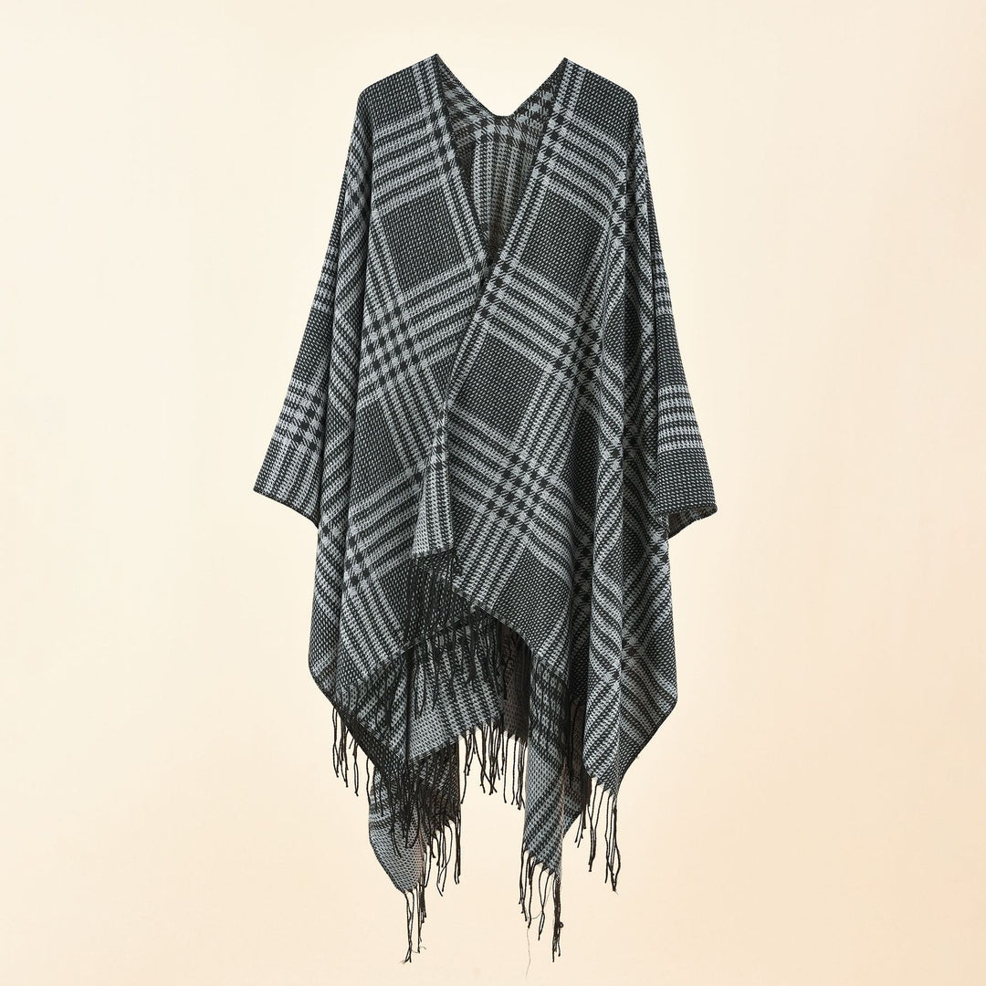 Women's Ruana Poncho with V-neck, boxy kimono fit, and fringe hem Mune Fashion