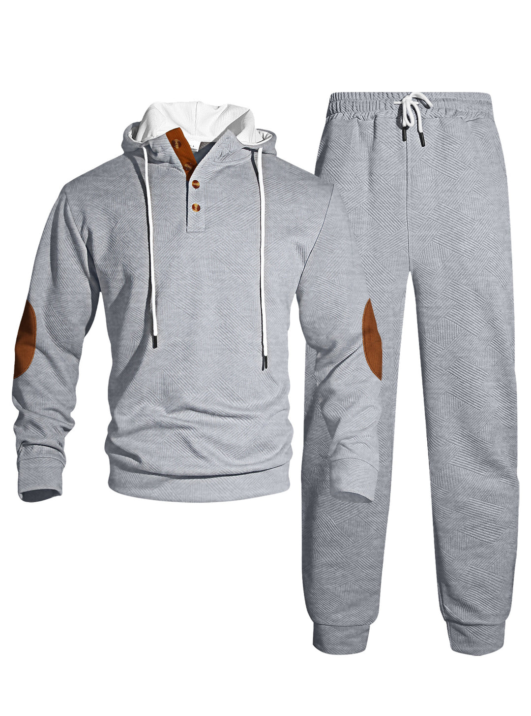 Men's waffle structure Henley hoodie set with wooden button placket elbow patches and tapered joggers Mune Fashion