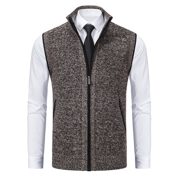 Men's Sleeveless Mélange Knit Vest with Stand-Up Collar, Full Zip and Pockets Mune Fashion
