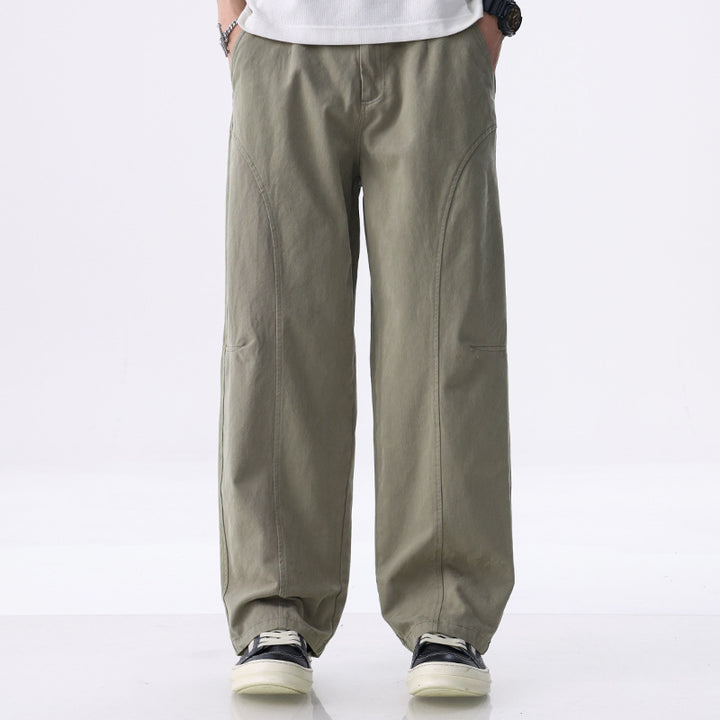 Men's Loose-Fitting Utility Pants with Wide Legs, Distinctive Decorative Stitching, and Elastic Waistband Mune Fashion