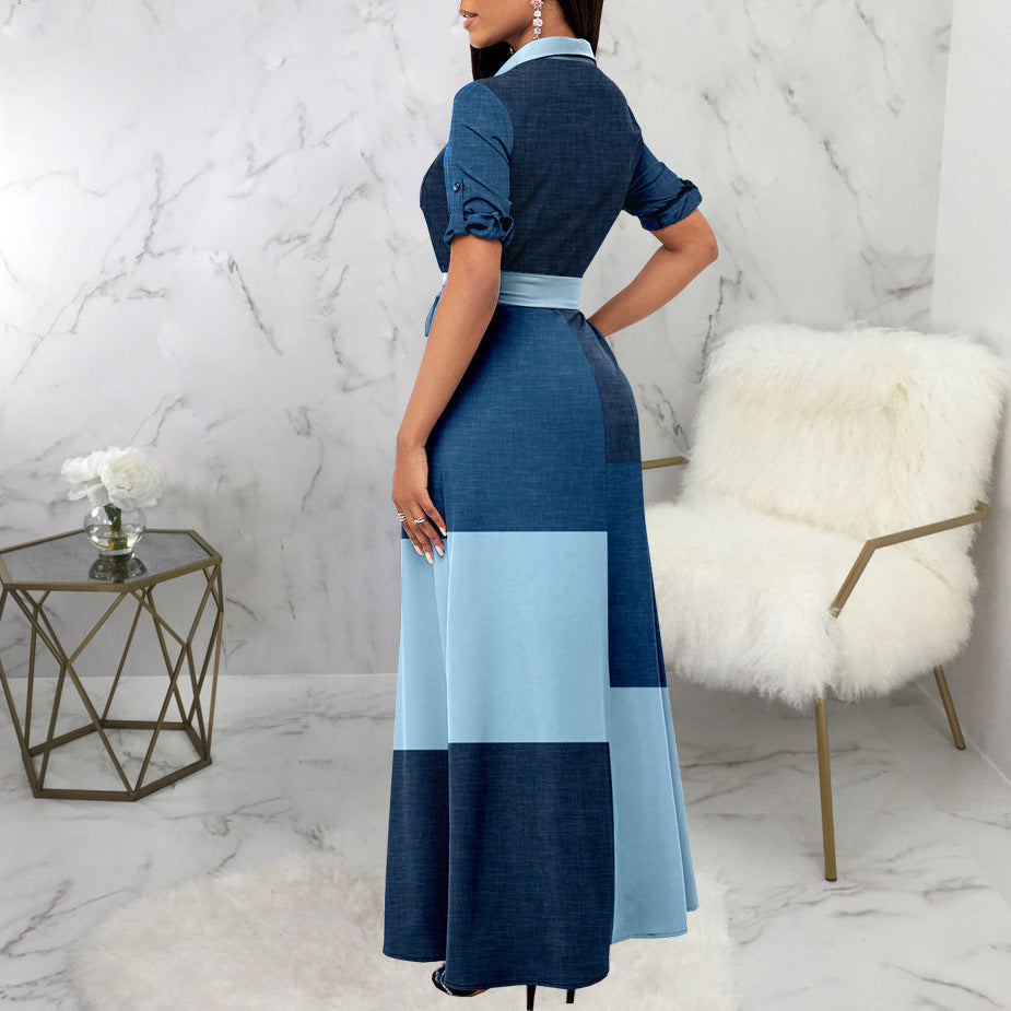 Ladies Maxi Dress Shirt Blouse Style with Waist Belt and Block Patch Design Mune Fashion