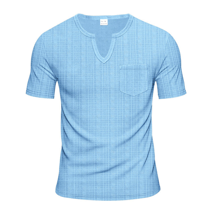 Men's short-sleeved shirt with slit V-neck structured linen look and patch chest pocket Mune Fashion