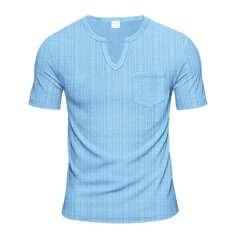 Men's short-sleeved shirt with slit V-neck structured linen look and patch chest pocket Mune Fashion