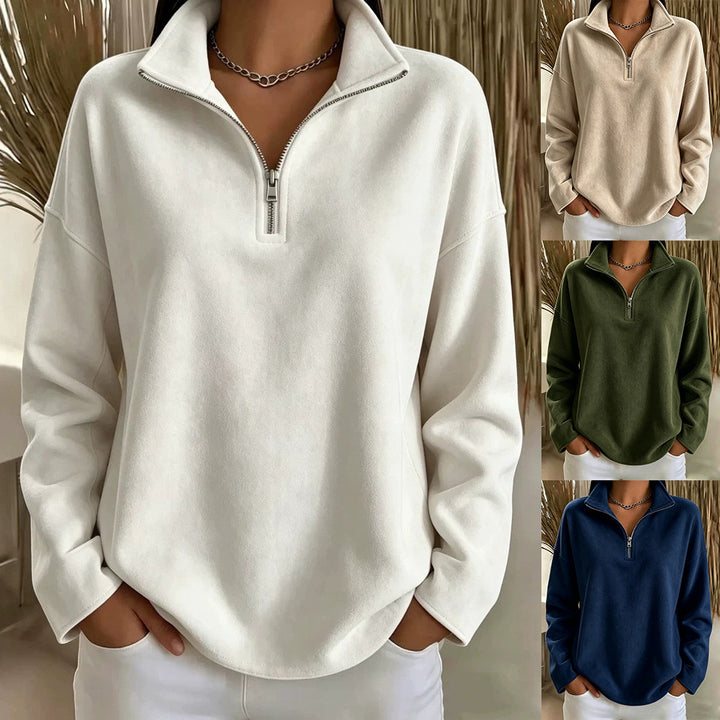 Women's Cozy Oversized Fleece Pullover with Half Zipper and Stand-Up Collar Mune Fashion