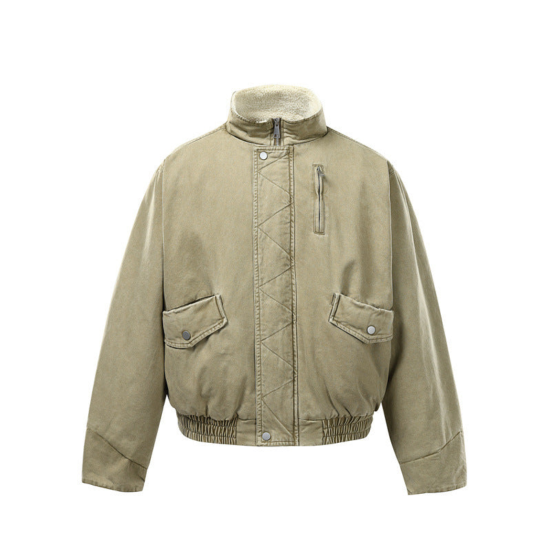 Men's Short Boxy Utility Bomber Jacket made of Canvas with Quilted Front Yoke and Stand-Up Collar Mune Fashion