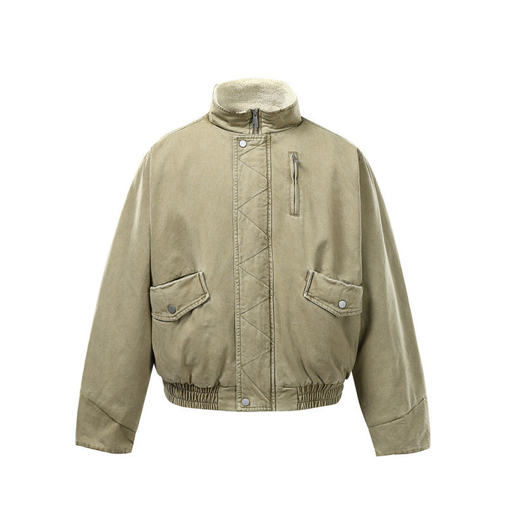 Men's Short Boxy Utility Bomber Jacket made of Canvas with Quilted Front Yoke and Stand-Up Collar Mune Fashion