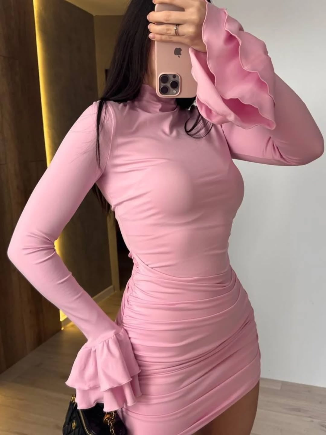 Ladies' fitted mini dress with ruffled flounce sleeves and gathered wrap look Mune Fashion
