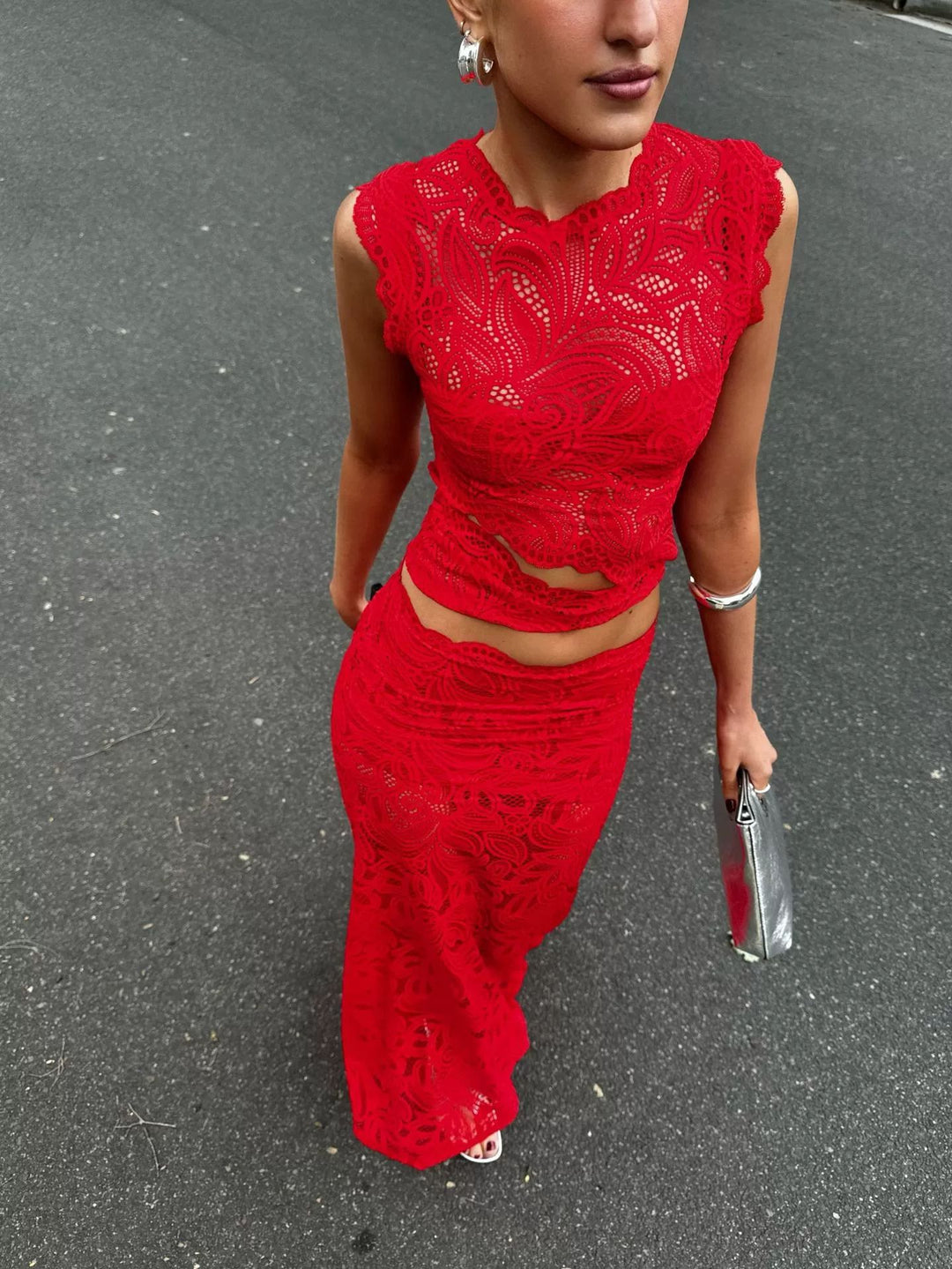 Women's elegant lace set with crop top featuring wavy hem and high-waisted form-fitting maxi skirt Mune Fashion