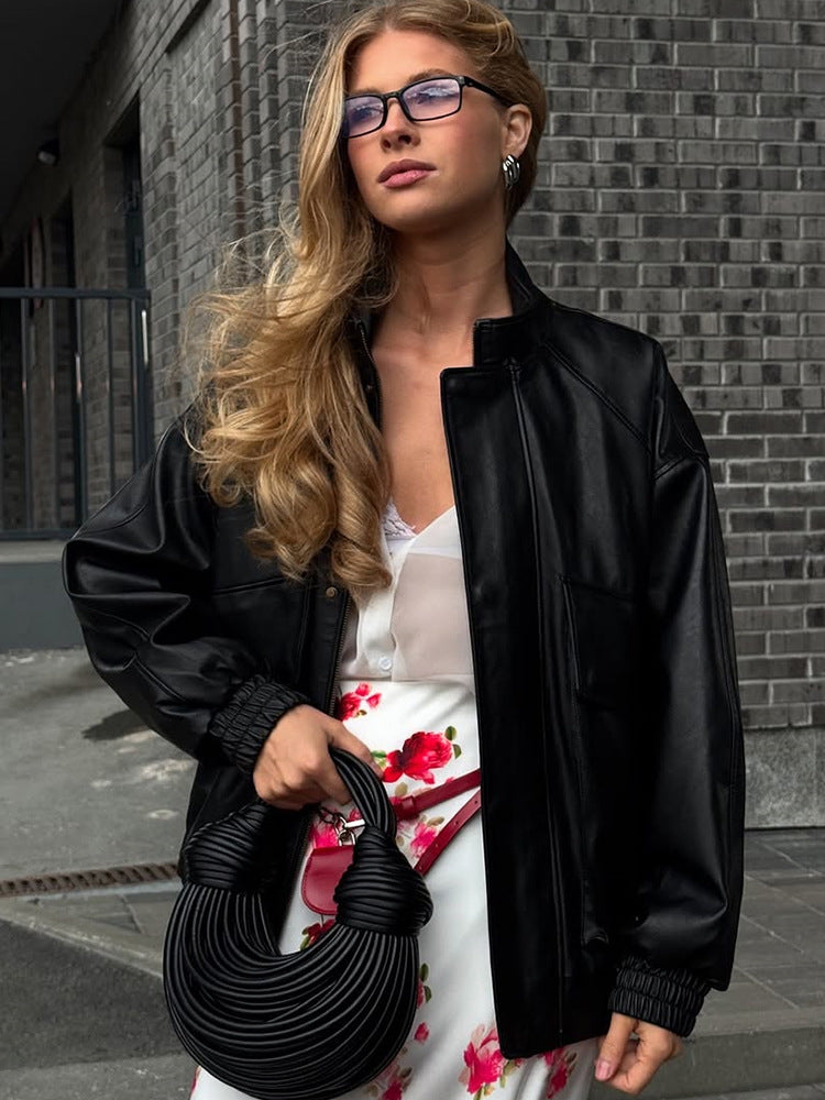Ladies Boxy Faux Leather Blouson with Stand-up Collar and Gathered Cuffs Mune Fashion
