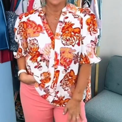 Ladies nan loose blouse with gathered puff sleeves and button placket Mune Fashion