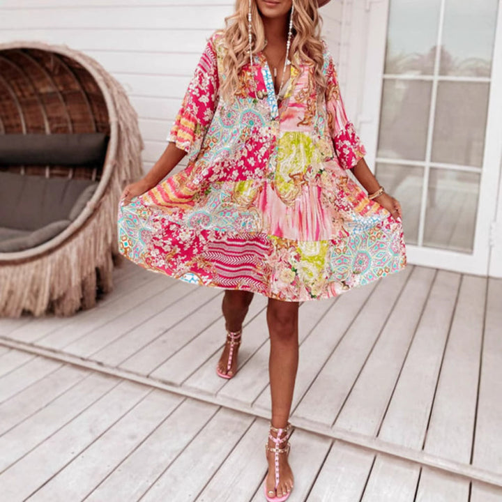 Ladies' airy tiered dress in patchwork boho style with stand collar, gathered waist seam, and three-quarter sleeves Mune Fashion