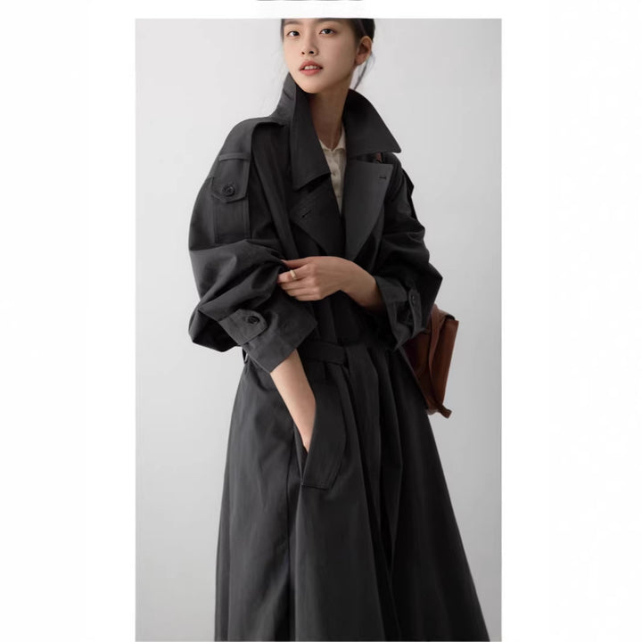 Women Oversize Maxi Trench Coat with Waist Belt and Double Button Placket Mune Fashion