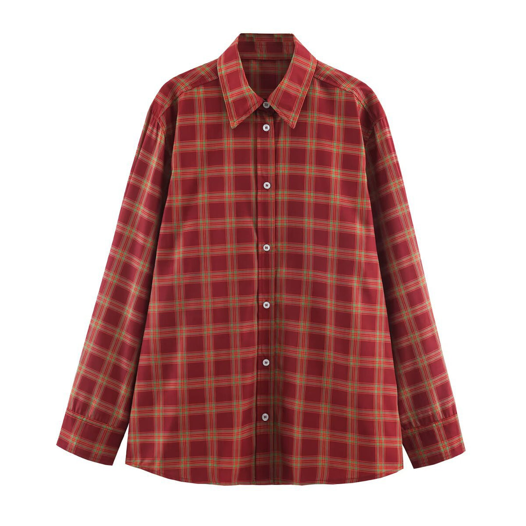 Women Oversized Check Blouse with Continuous Button Placket and Shirt Collar Mune Fashion