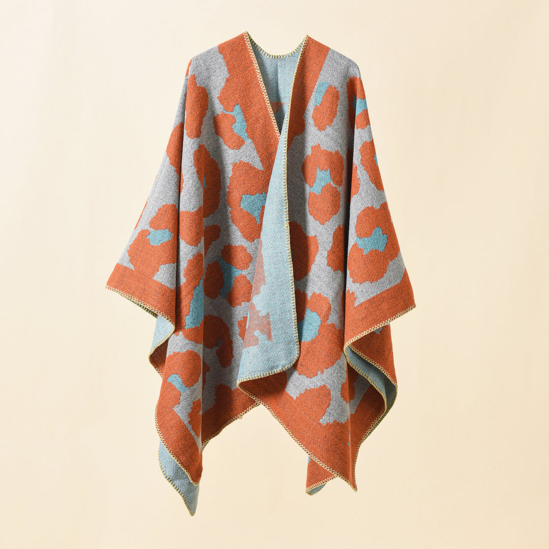 Women's Oversize Knit Ruana with Graphic Jacquard and Decorative Stitch Mune Fashion