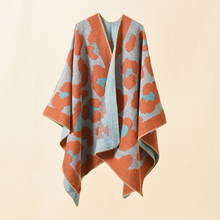 Women's Oversize Knit Ruana with Graphic Jacquard and Decorative Stitch Mune Fashion
