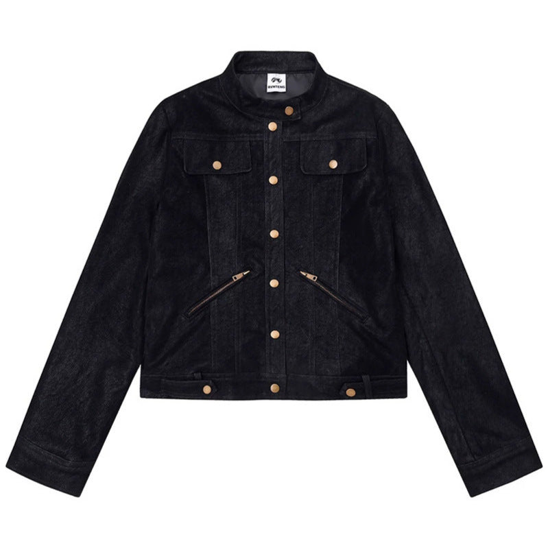 Women Short Cut Faux Leather Jacket in Vintage Moto Style Mune Fashion